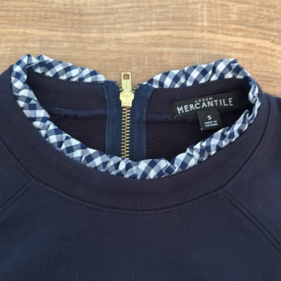 J. Crew Mercantile Navy Gingham Collar Trim Sweatshirt Zip Popover | Small - Picture 3 of 8